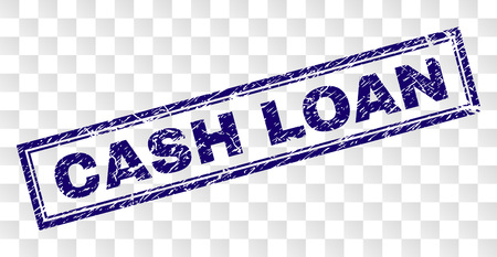 CASH LOAN stamp seal print with rubber print style and double framed rectangle shape. Stamp is placed on a transparent background. Blue vector rubber print of CASH LOAN title with dust texture.のイラスト素材