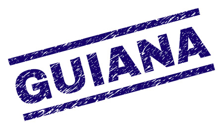 GUIANA seal print with scratced style. Blue vector rubber print of GUIANA text with corroded texture. Text label is placed between parallel lines.のイラスト素材
