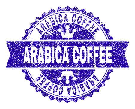 ARABICA COFFEE rosette stamp seal watermark with grunge texture. Designed with round rosette, ribbon and small crowns. Blue vector rubber print of ARABICA COFFEE label with grunge texture.のイラスト素材