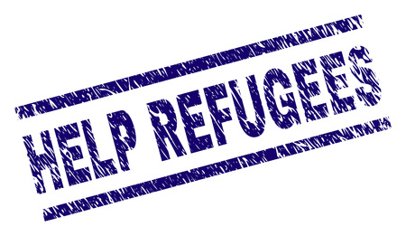 HELP REFUGEES seal print with distress style. Blue vector rubber print of HELP REFUGEES text with retro texture. Text caption is placed between parallel lines.のイラスト素材
