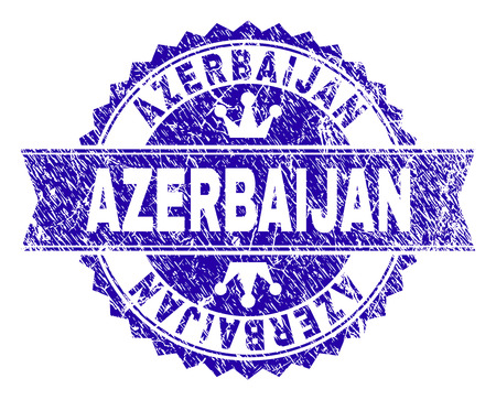 AZERBAIJAN rosette stamp seal watermark with distress style. Designed with round rosette, ribbon and small crowns. Blue vector rubber watermark of AZERBAIJAN tag with unclean style.のイラスト素材