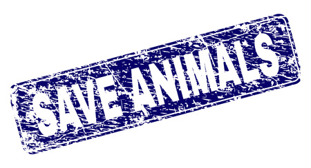 SAVE ANIMALS stamp seal print with distress style. Seal shape is a rounded rectangle with frame. Blue vector rubber print of SAVE ANIMALS title with dirty style.のイラスト素材