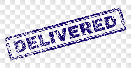 DELIVERED stamp seal print with rubber print style and double framed rectangle shape. Stamp is placed on a transparent background. Blue vector rubber print of DELIVERED tag with dust texture.のイラスト素材