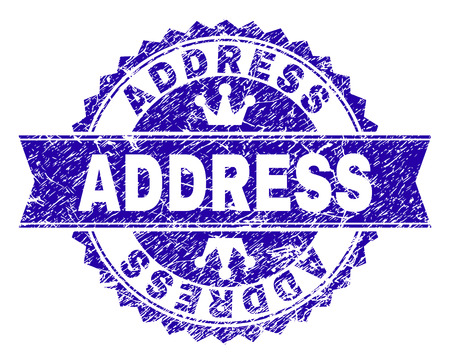 ADDRESS rosette stamp watermark with grunge style. Designed with round rosette, ribbon and small crowns. Blue vector rubber watermark of ADDRESS text with retro texture.のイラスト素材