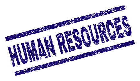 HUMAN RESOURCES seal print with grunge style. Blue vector rubber print of HUMAN RESOURCES tag with unclean texture. Text tag is placed between parallel lines.のイラスト素材
