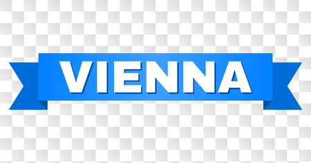 VIENNA text on a ribbon. Designed with white title and blue tape. Vector banner with VIENNA tag on a transparent background.のイラスト素材