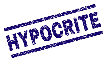 HYPOCRITE seal print with grunge style. Blue vector rubber print of HYPOCRITE tag with retro texture. Text tag is placed between parallel lines.のイラスト素材