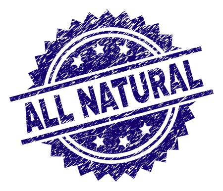 ALL NATURAL stamp seal watermark with distress style. Blue vector rubber print of ALL NATURAL caption with scratched texture.のイラスト素材