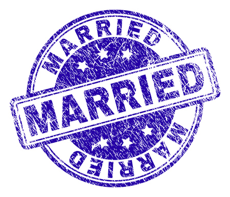 MARRIED stamp seal watermark with grunge texture. Designed with rounded rectangles and circles. Blue vector rubber print of MARRIED caption with grunge texture.のイラスト素材