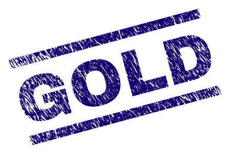 GOLD seal print with scratced style. Blue vector rubber print of GOLD tag with corroded texture. Text tag is placed between parallel lines.のイラスト素材