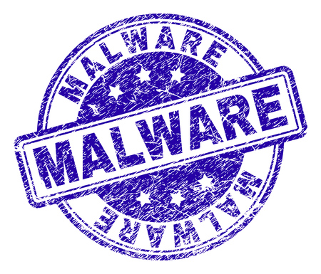 MALWARE stamp seal imprint with grunge texture. Designed with rounded rectangles and circles. Blue vector rubber print of MALWARE tag with dirty texture.のイラスト素材