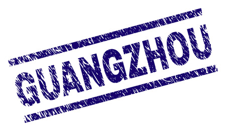 GUANGZHOU seal print with scratced style. Blue vector rubber print of GUANGZHOU text with dust texture. Text tag is placed between parallel lines.のイラスト素材