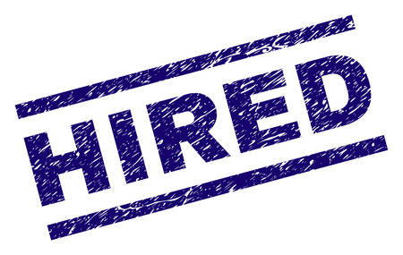 HIRED seal print with distress style. Blue vector rubber print of HIRED label with dirty texture. Text label is placed between parallel lines.のイラスト素材