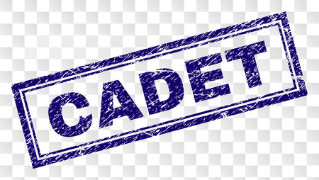 CADET stamp seal print with rubber print style and double framed rectangle shape. Stamp is placed on a transparent background. Blue vector rubber print of CADET tag with scratched texture.のイラスト素材