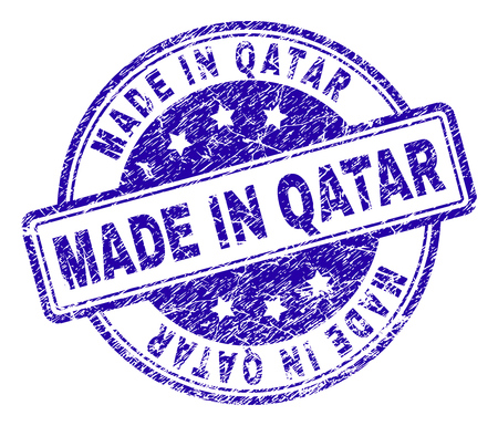 MADE IN QATAR stamp seal watermark with grunge texture. Designed with rounded rectangles and circles. Blue vector rubber print of MADE IN QATAR title with grunge texture.のイラスト素材
