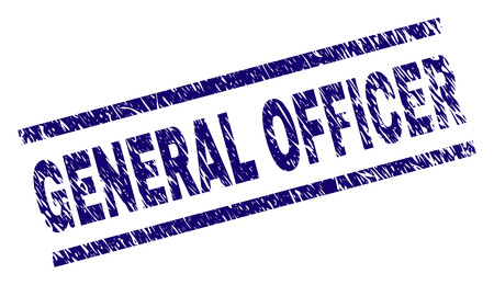 GENERAL OFFICER seal print with grunge style. Blue vector rubber print of GENERAL OFFICER caption with grunge texture. Text caption is placed between parallel lines.のイラスト素材