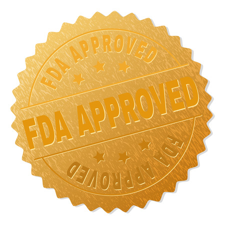 FDA APPROVED gold stamp award. Vector gold award with FDA APPROVED text. Text labels are placed between parallel lines and on circle. Golden surface has metallic effect.のイラスト素材
