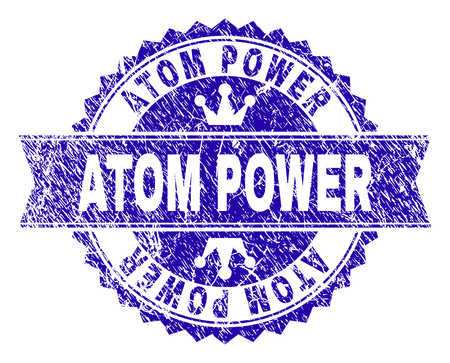 ATOM POWER rosette stamp seal watermark with grunge style. Designed with round rosette, ribbon and small crowns. Blue vector rubber print of ATOM POWER label with grunge style.のイラスト素材