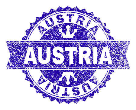 AUSTRIA rosette stamp seal watermark with distress style. Designed with round rosette, ribbon and small crowns. Blue vector rubber watermark of AUSTRIA title with scratched style.のイラスト素材