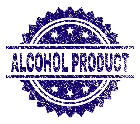 ALCOHOL PRODUCT stamp seal watermark with distress style. Blue vector rubber print of ALCOHOL PRODUCT tag with retro texture.のイラスト素材