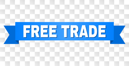 FREE TRADE text on a ribbon. Designed with white title and blue stripe. Vector banner with FREE TRADE tag on a transparent background.のイラスト素材