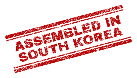 ASSEMBLED IN SOUTH KOREA seal stamp with distress texture. Red vector rubber print of ASSEMBLED IN SOUTH KOREA tag with scratched texture. Text tag is placed between double parallel lines.のイラスト素材