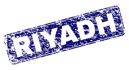 RIYADH stamp seal watermark with distress texture. Seal shape is a rounded rectangle with frame. Blue vector rubber print of RIYADH title with corroded texture.のイラスト素材