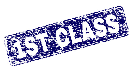 1ST CLASS stamp seal imprint with grunge texture. Seal shape is a rounded rectangle with frame. Blue vector rubber print of 1ST CLASS caption with grunge texture.のイラスト素材