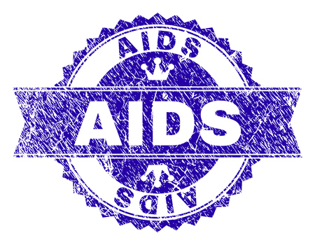 AIDS rosette stamp watermark with grunge effect. Designed with round rosette, ribbon and small crowns. Blue vector rubber watermark of AIDS tag with corroded texture.のイラスト素材