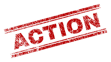 ACTION seal print with grunge texture. Red vector rubber print of ACTION label with retro texture. Text title is placed between double parallel lines.のイラスト素材