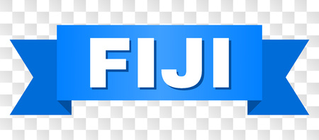 FIJI text on a ribbon. Designed with white title and blue stripe. Vector banner with FIJI tag on a transparent background.のイラスト素材