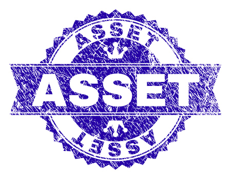 ASSET rosette seal watermark with distress texture. Designed with round rosette, ribbon and small crowns. Blue vector rubber watermark of ASSET label with unclean texture.のイラスト素材