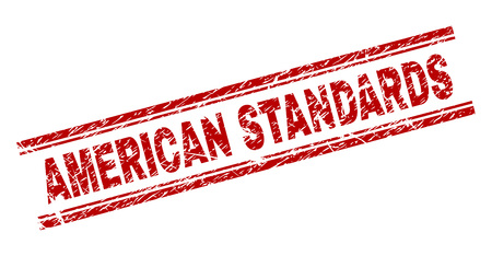 AMERICAN STANDARDS seal print with distress style. Red vector rubber print of AMERICAN STANDARDS label with unclean texture. Text label is placed between double parallel lines.のイラスト素材