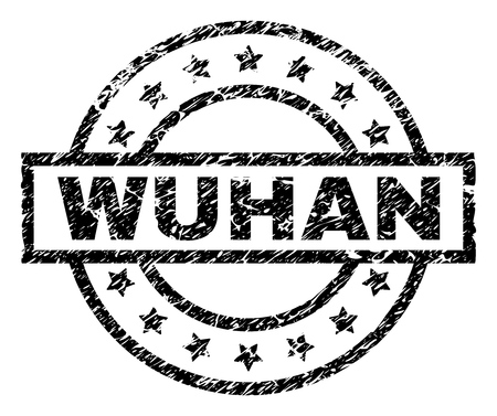 WUHAN stamp seal watermark with distress style. Designed with rectangle, circles and stars. Black vector rubber print of WUHAN text with dust texture.のイラスト素材