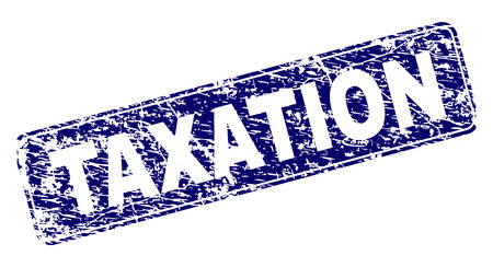TAXATION stamp seal print with grunge style. Seal shape is a rounded rectangle with frame. Blue vector rubber print of TAXATION caption with corroded style.のイラスト素材