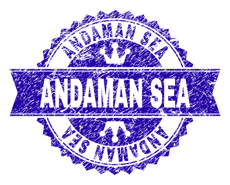 ANDAMAN SEA rosette stamp watermark with distress style. Designed with round rosette, ribbon and small crowns. Blue vector rubber watermark of ANDAMAN SEA label with unclean style.のイラスト素材