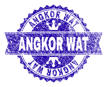 ANGKOR WAT rosette seal imprint with grunge style. Designed with round rosette, ribbon and small crowns. Blue vector rubber print of ANGKOR WAT title with grunge style.のイラスト素材