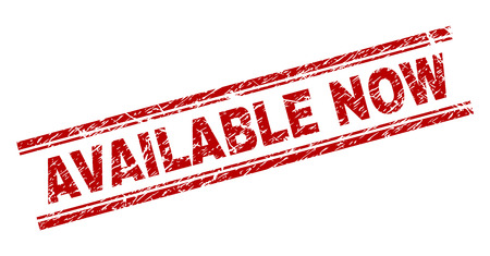 AVAILABLE NOW seal print with distress texture. Red vector rubber print of AVAILABLE NOW text with unclean texture. Text tag is placed between double parallel lines.のイラスト素材