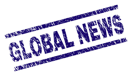 GLOBAL NEWS seal print with grunge style. Blue vector rubber print of GLOBAL NEWS tag with scratched texture. Text tag is placed between parallel lines.のイラスト素材