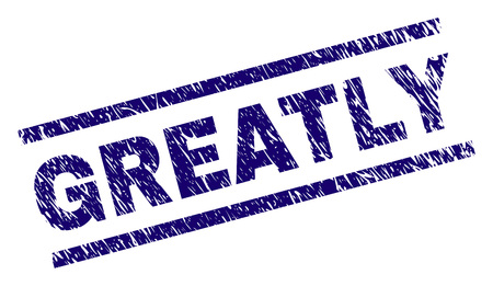 GREATLY seal print with distress style. Blue vector rubber print of GREATLY title with grunge texture. Text title is placed between parallel lines.のイラスト素材