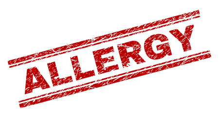 ALLERGY seal watermark with corroded texture. Red vector rubber print of ALLERGY label with corroded texture. Text tag is placed between double parallel lines.のイラスト素材