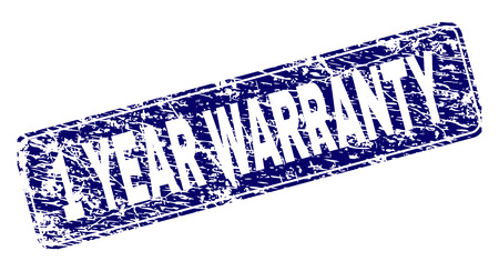 1 YEAR WARRANTY stamp seal print with distress texture. Seal shape is a rounded rectangle with frame. Blue vector rubber print of 1 YEAR WARRANTY title with corroded texture.のイラスト素材
