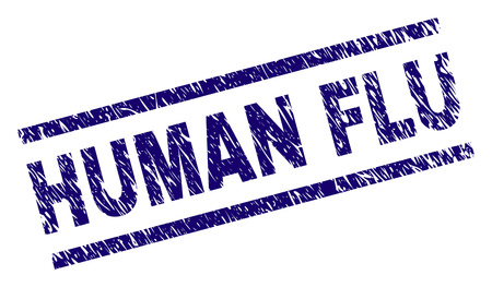HUMAN FLU seal print with distress style. Blue vector rubber print of HUMAN FLU text with scratched texture. Text caption is placed between parallel lines.のイラスト素材