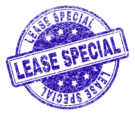 LEASE SPECIAL stamp seal imprint with distress texture. Designed with rounded rectangles and circles. Blue vector rubber print of LEASE SPECIAL caption with dirty texture.のイラスト素材