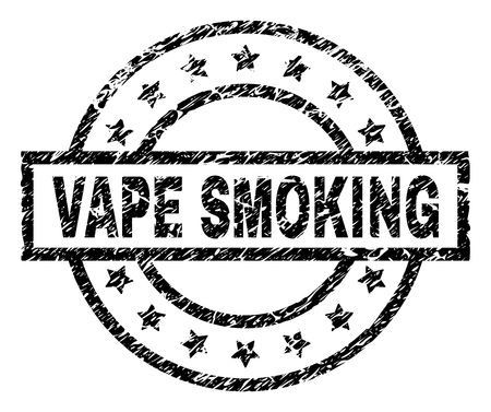 VAPE SMOKING stamp seal watermark with distress style. Designed with rectangle, circles and stars. Black vector rubber print of VAPE SMOKING text with retro texture.のイラスト素材