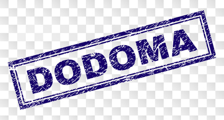 DODOMA stamp seal watermark with rubber print style and double framed rectangle shape. Stamp is placed on a transparent background. Blue vector rubber print of DODOMA title with retro texture.のイラスト素材