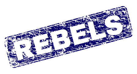 REBELS stamp seal print with grunge texture. Seal shape is a rounded rectangle with frame. Blue vector rubber print of REBELS title with dust style.のイラスト素材