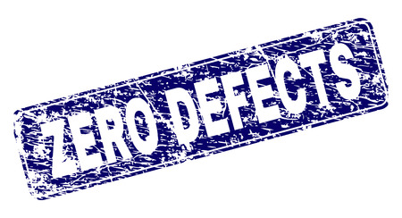 ZERO DEFECTS stamp seal print with grunge style. Seal shape is a rounded rectangle with frame. Blue vector rubber print of ZERO DEFECTS tag with grunge texture.のイラスト素材