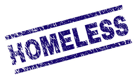 HOMELESS seal print with grunge style. Blue vector rubber print of HOMELESS title with corroded texture. Text title is placed between parallel lines.のイラスト素材