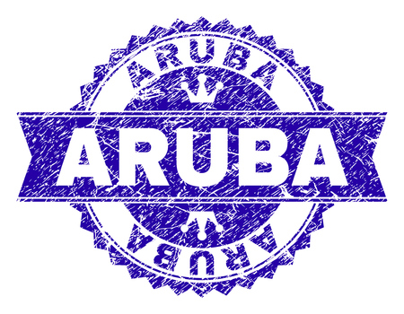 ARUBA rosette stamp watermark with grunge texture. Designed with round rosette, ribbon and small crowns. Blue vector rubber watermark of ARUBA caption with unclean texture.のイラスト素材